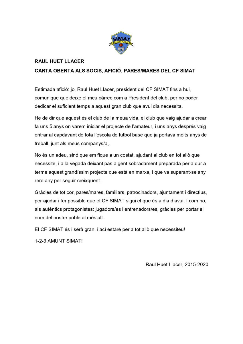 𝐂𝐨𝐦𝐮𝐧𝐢𝐜𝐚𝐭 𝐨𝐟𝐢𝐜𝐢𝐚𝐥 𝐝𝐞𝐥 𝐂.𝐅. 𝐒𝐢𝐦𝐚𝐭. ⁣
⁣
Carta oberta de <a href="/HuetRaul/">Raul Huet llacer</a> 💛💙