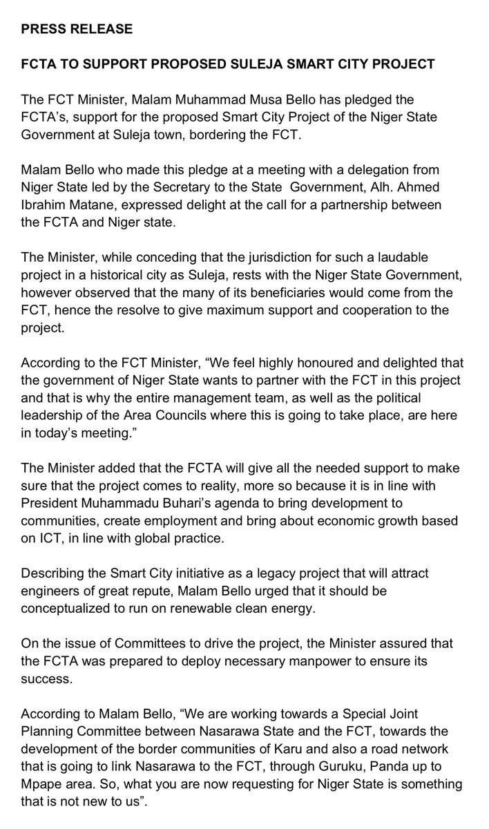 OfficialFCTA's tweet photo. PRESS RELEASE

FCTA TO SUPPORT PROPOSED SULEJA SMART CITY PROJECT

The FCT Minister, Malam Muhammad Musa Bello has pledged the FCTA’s, support for the proposed Smart City Project of the Niger State Government at Suleja town, bordering the FCT. https://t.co/Kd3gR5BoSw