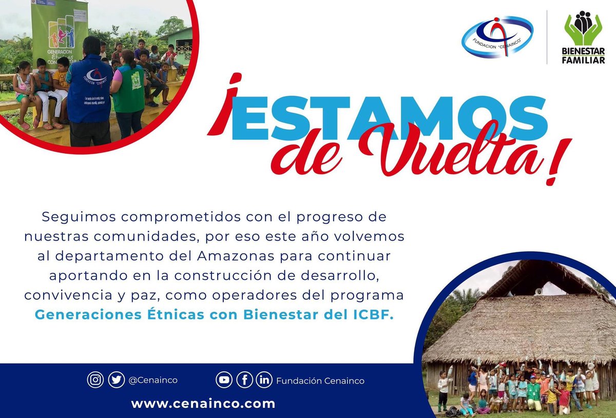 CENAINCO's tweet photo. 🥳Amazonas: ¡este año estamos de vuelta!👏

Gracias al @ICBFColombia  - Regional Amazonas por confiar en nosotros. Volveremos a ejecutar el programa GECB en el municipio de Puerto Nariño y las zonas no municipalizadas del bello Amazonas colombiano🍃💚 https://t.co/Dr7cdOkQ9Z