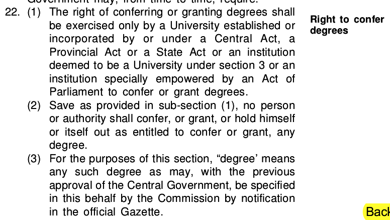 ForumMahe's tweet photo. SG Sri Tushar Mehta is WRONG when he said UGC is the only body empowered to confer degrees. 
UGC Act says  It is the prerogative of Universities. see sec.22
UGC is NOT empowered to confer degrees. 
#StudentsLivesMatter #StudentsInSCForJustice @barandbench @LiveLawIndia @ForumMahe https://t.co/iuMooW0Nw4