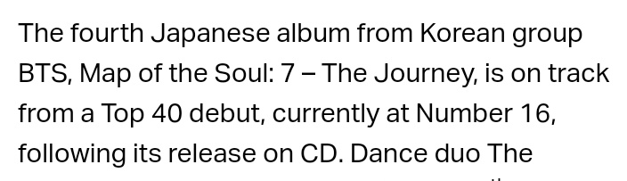 BTSRadioUK's tweet photo. #BTSARMY UK album chart update.
@BTS_twt #MapOfTheSoul7TheJourney is currently at #No16 on the album chart.
Buy and stream to keep #BTS' position on the chart this Friday!
#ReadySetStreamUK #BTSonRadioUK #RequestBTS https://t.co/PYswhkStuZ