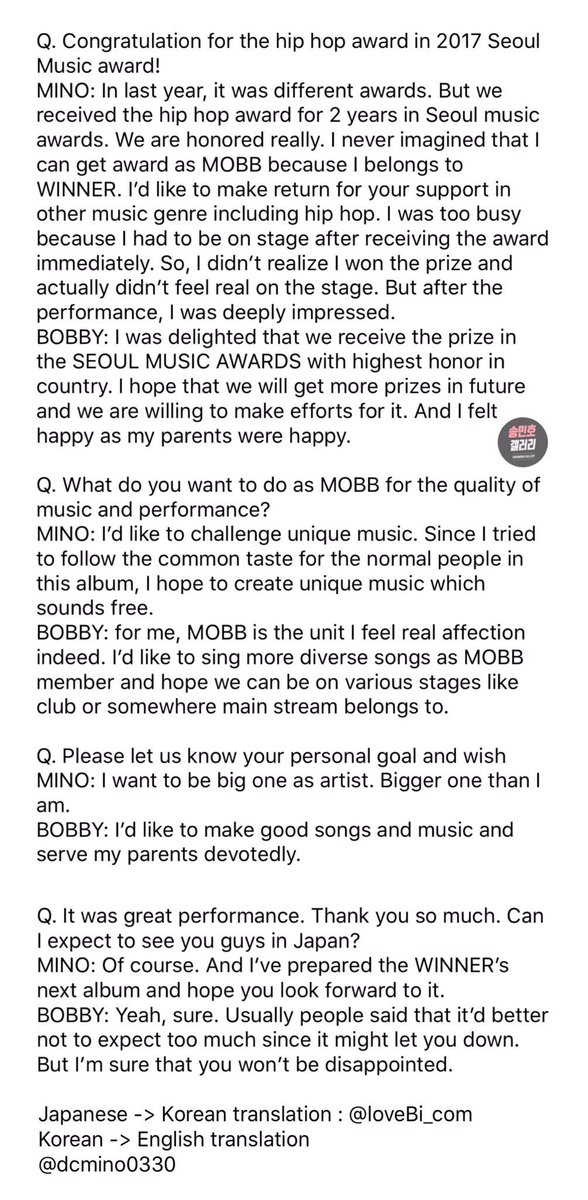 basically Mino in every interview"I belong to WINNER....and I've prepared WINNER's next album""I will promote as WINNER this year" #위너  #송민호one more thing to love Mino more, he never forget to mention WINNER, that he belongs to WINNER & WINNER only 