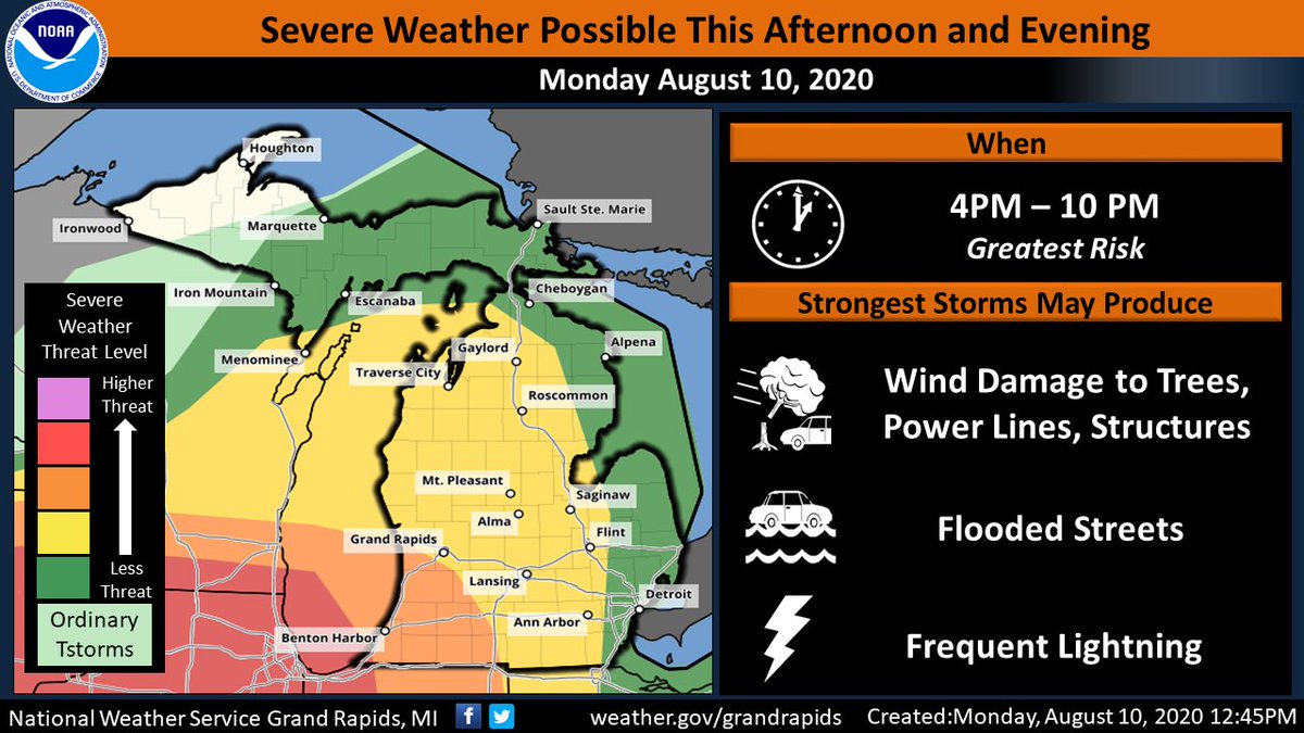 NWSGrandRapids's tweet image. UPDATE! Threat for severe weather has increased today over W Michigan. Wind damage to trees, power lines, even structures main threat in addition to localized flooding. SW corner of State under greatest risk. Know where to seek shelter. Have ways to receive warnings. #miwx #wmiwx