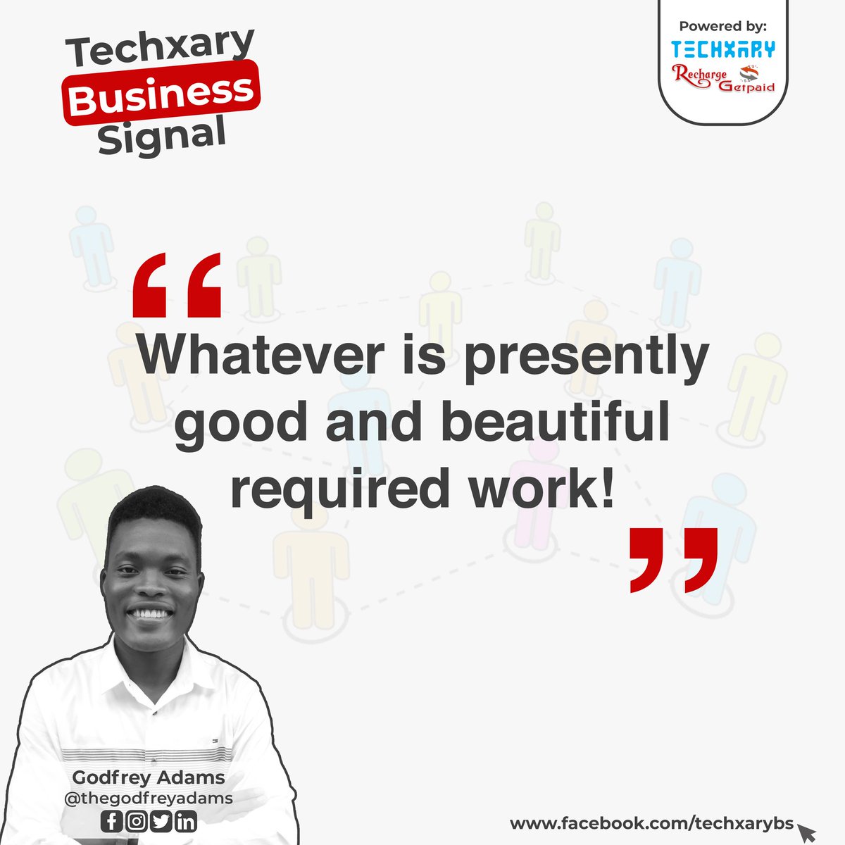 thegodfreyadams's tweet photo. Whatever is presently good and beautiful required work!
Get to work now, the world await your goodness and beauty!
#TechxaryBusinessSignal
#Techxary
#TeamTechxary
#RAGP https://t.co/fsIbwTTg3c