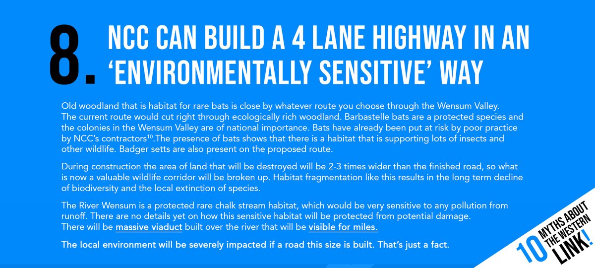 Myth  NCC can build a 4 lane highway in an environmentally sensitive wayBat habitats are close to any routeConstruction will destroy an area 2-3x wider than the roadThe river is a rare chalk stream habitatThe local environment will be impacted   https://bit.ly/2DIhaQ5 