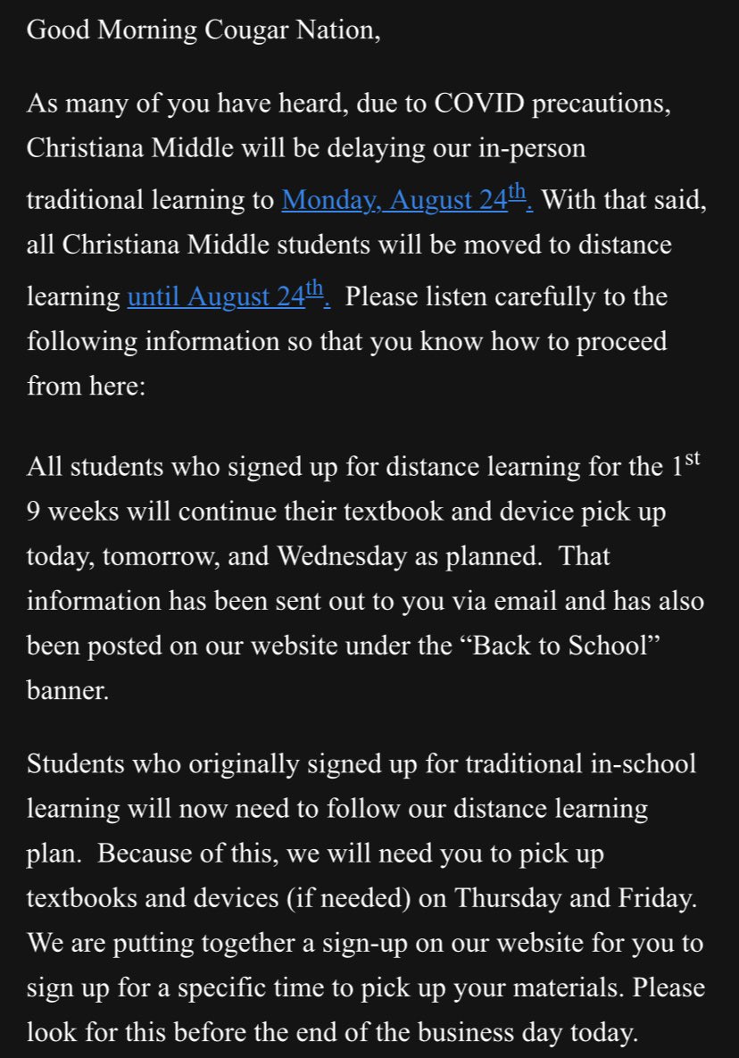 chmscougars's tweet photo. Important information regarding reopening and distance learning at Christiana Middle School #GoCougars #WeareChristiana https://t.co/nqJwx9DFbS