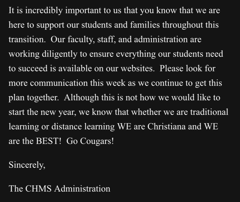 Important information regarding reopening and distance learning at Christiana Middle School #GoCougars #WeareChristiana