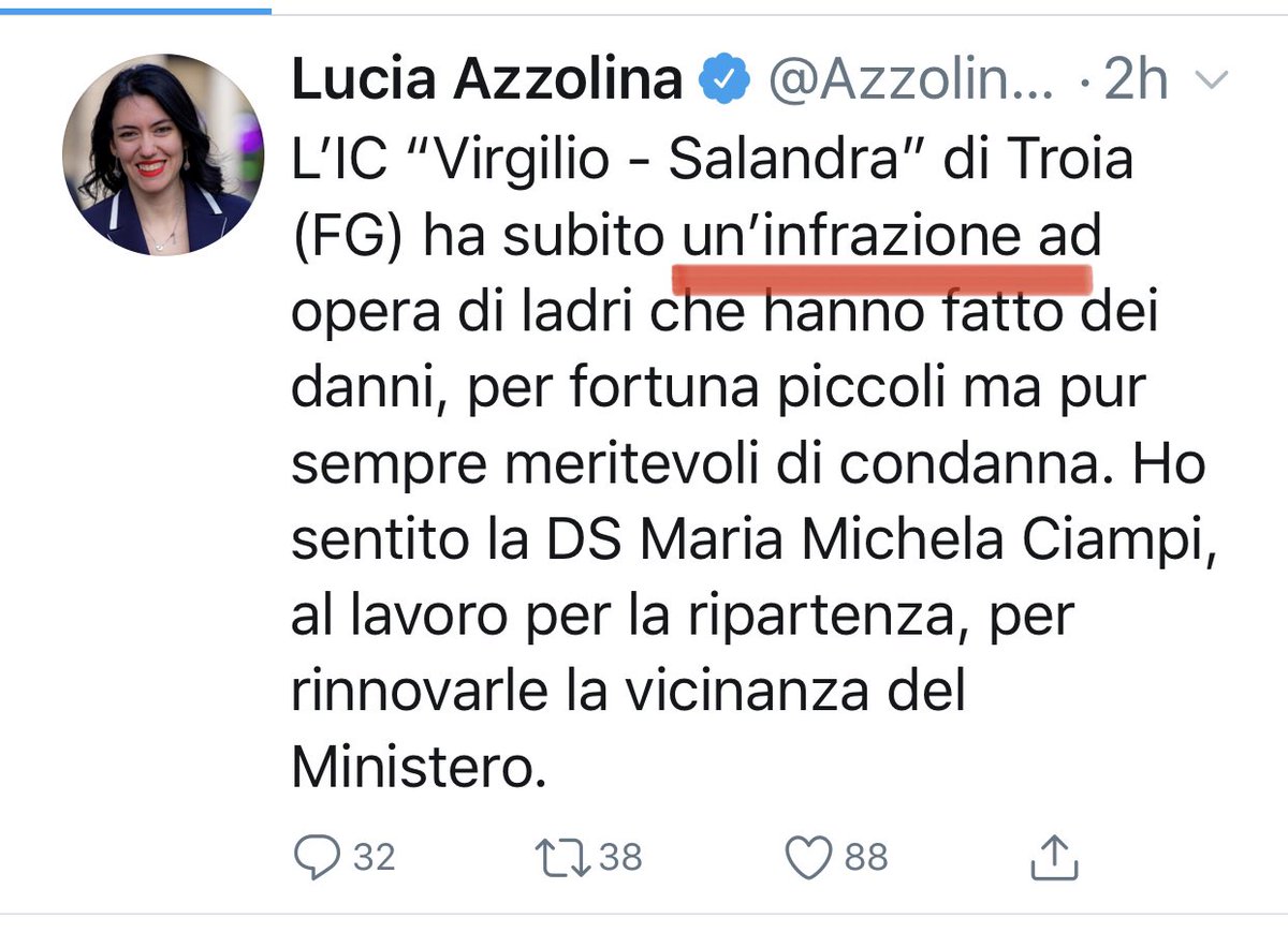 DSantanche's tweet photo. Si chiama effrazione non infrazione 🙄...Ministro della Pubblica Istruzione, docente con concorso da dirigente 🤦🏻‍♀️ #Azzolina https://t.co/ZM64ByCX4r