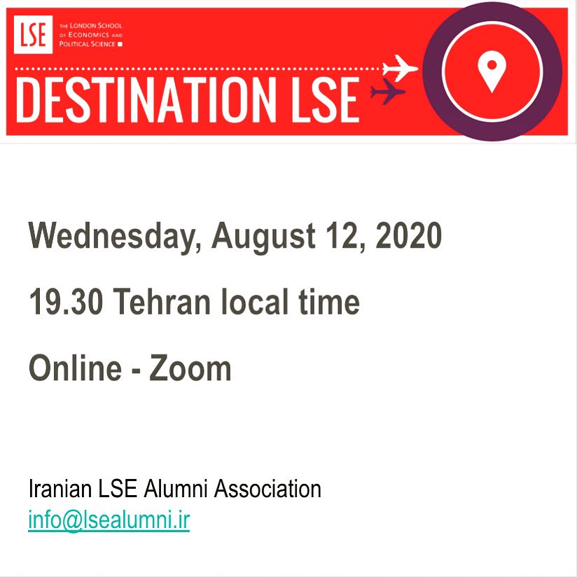 LSEinIran's tweet photo. @somtow1987 Hi Somayeh, congrats! Not sure if LSE has informed you about the #DestinationLSE event held annually to welcome offer holders. We are organising ours on Wednesday, Aug 12 at 19.30 Tehran time via Zoom. Would be nice to see you on the call. Let us know if you like to register. https://t.co/uyvoEkCj2g