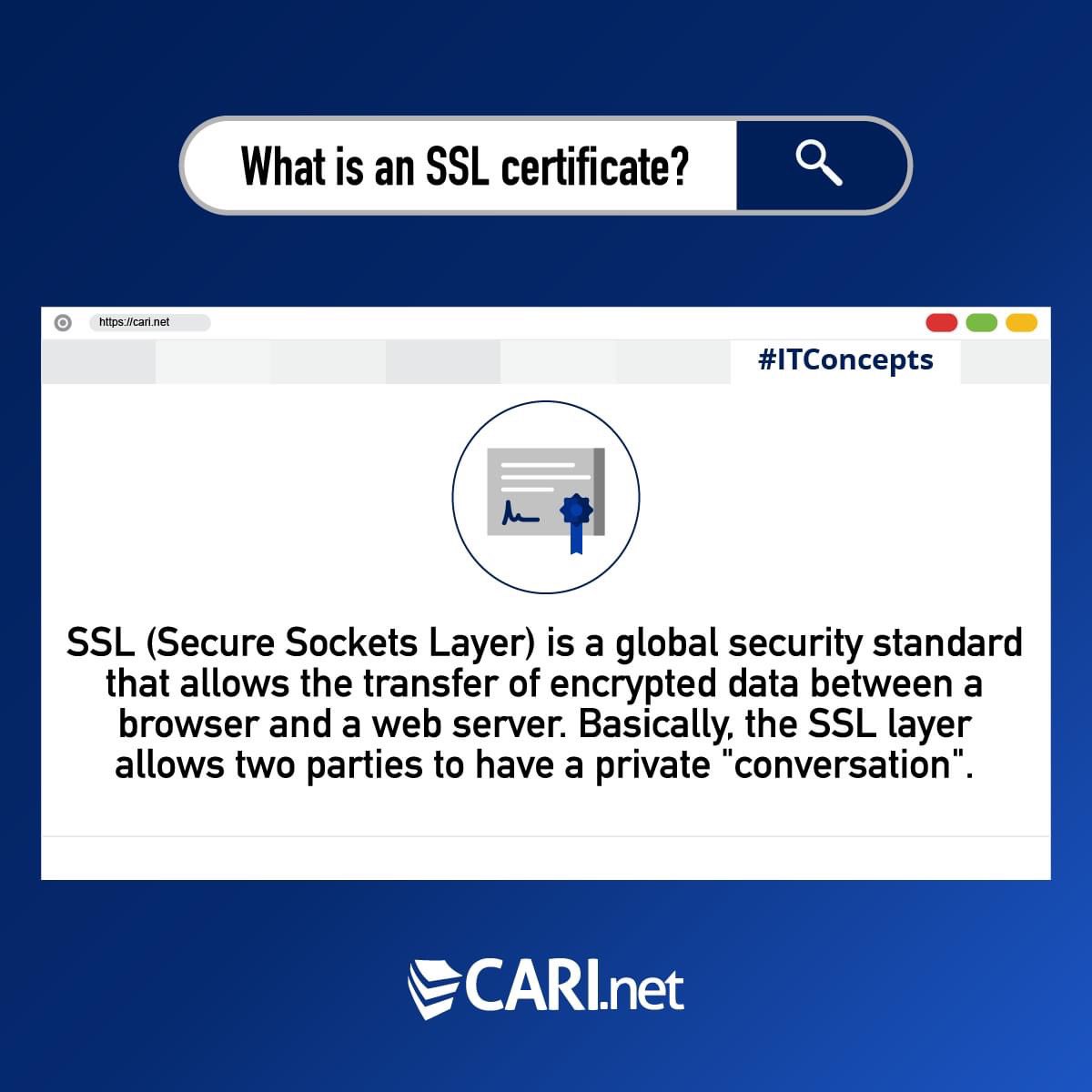 CARInetInc's tweet image. What is an SSL certificate?
SSL (Secure Sockets Layer) is a global security standard that allows the transfer of encrypted data between a browser and a web server. Basically, the SSL layer allows two parties to have a private &quot;conversation&quot;.

#ITConcepts #CARInet
