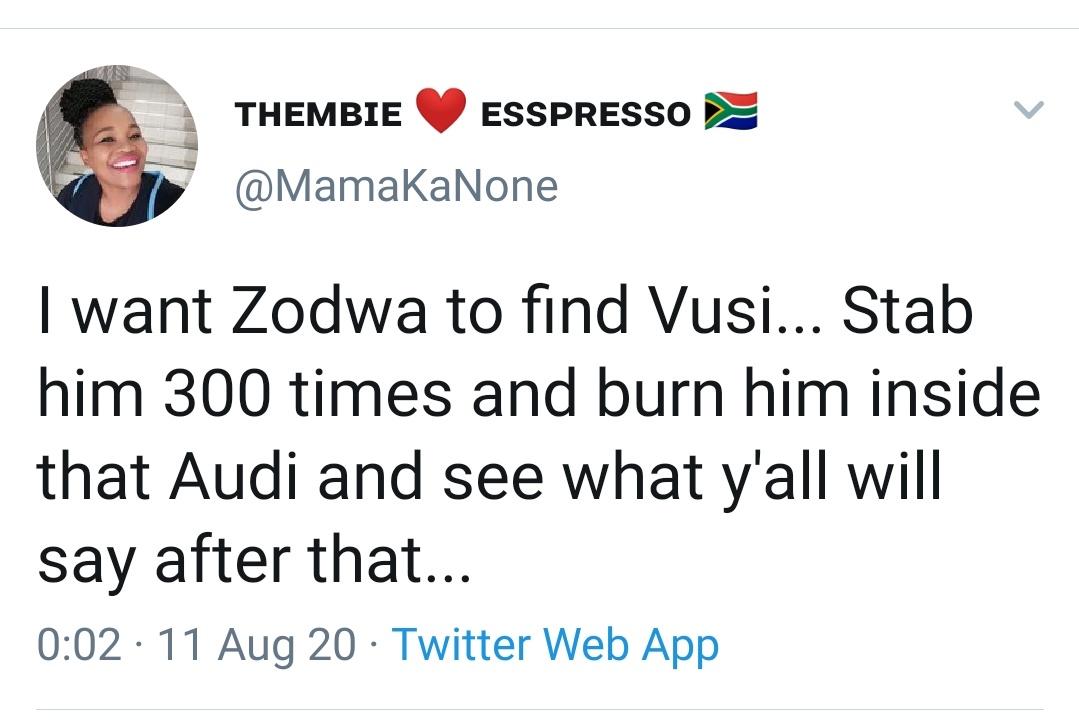 But what Kind of sick person promotes GBV. Even Zodwa is fuming but she's not making death threats. The double standards need to stop, we do not wish death upon no one. This is just pure evil🚮🚮
