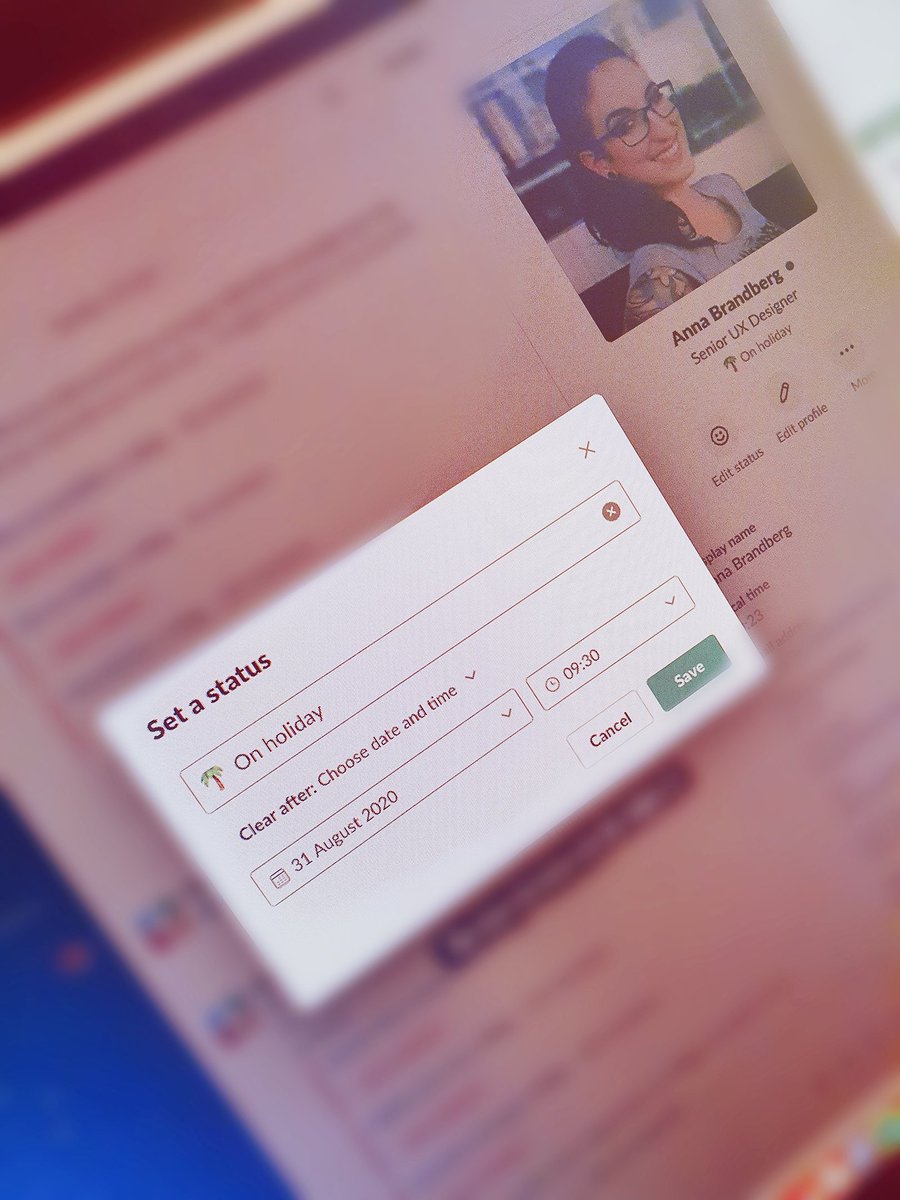 Slack settings showing my status as "On holiday until 31 August".