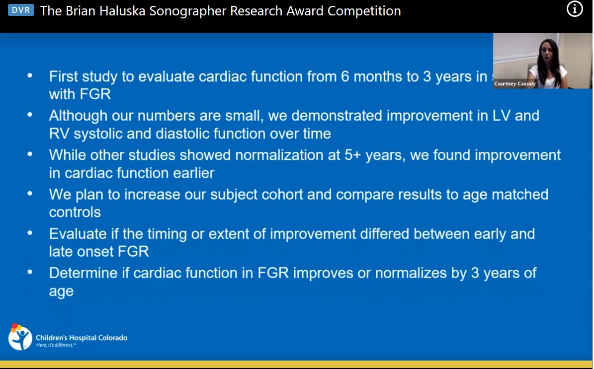 BonitaEcho's tweet photo. #BrianHaluskaSonographerResearchAwardCompetition – Courtney Cassidy’s @ccassidy03 research shows fetal growth restriction (FGR) evaluated by echo parameters (ncluding strain!); improvements in cardiac function noted by 3yrs.
#ASE2020 #VirtualEcho #EchoAtHome #EchoinPJs @ASE360 https://t.co/7W8L80kvKl
