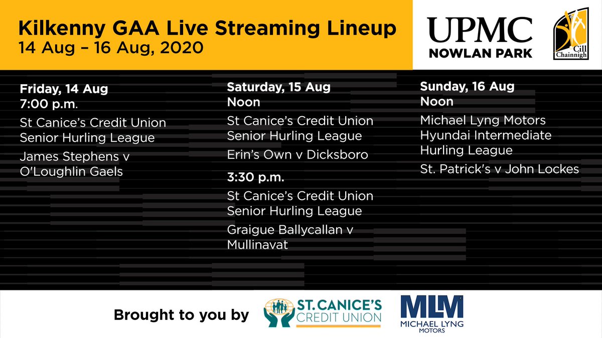 KilkennyCLG's tweet photo. Four of our games will be streamed  live this week on the Kilkenny GAA live stream starting with one game this Friday, two on Saturday and one on Sunday. https://t.co/YzZpoGHwFk