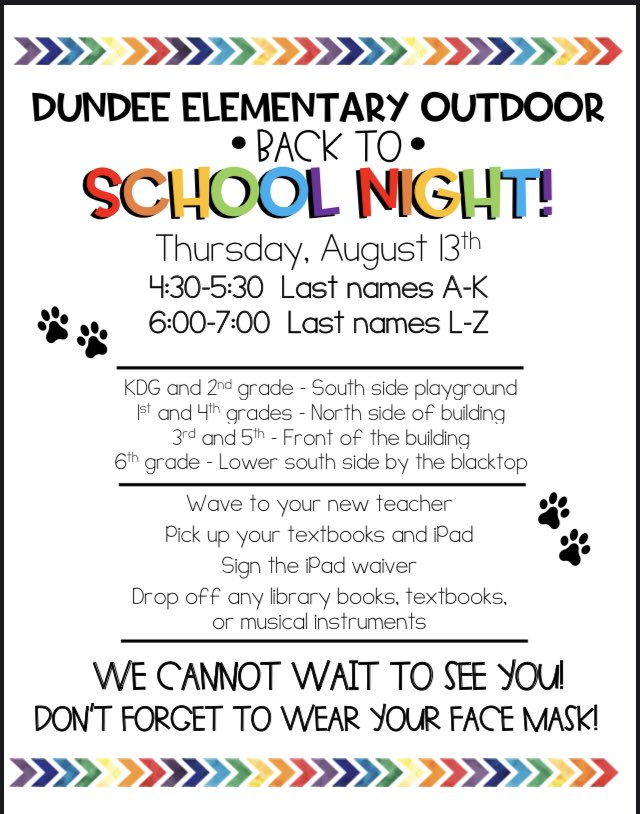 OPS_Dundee's tweet photo. Reminder: Our new Back to School Night is Thursday!

It would be a GREAT idea to bring a backpack/bag...there’s a lot of stuff we need to send home!

🎒 📚 📱 

#DundeeStrong https://t.co/vb2CGXugyN