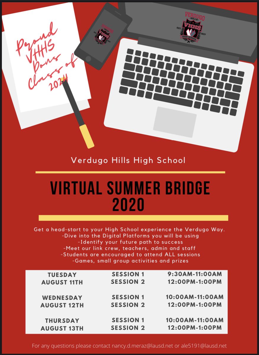verdugosports's tweet photo. Attention Incoming Freshmen!! Summer Bridge starts tomorrow. Check your email for Zoom links https://t.co/pHCFWhodNy