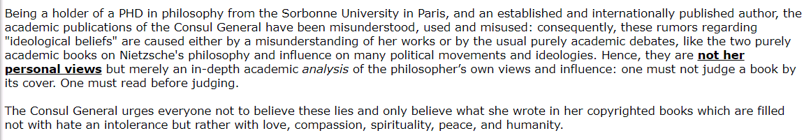 8. But Taha denies that this is her interview and claims that someone hacked her FB back in 2015. According to her statement on the consulate site, she's just an academic studying Nietzsche and Nazis among other things.