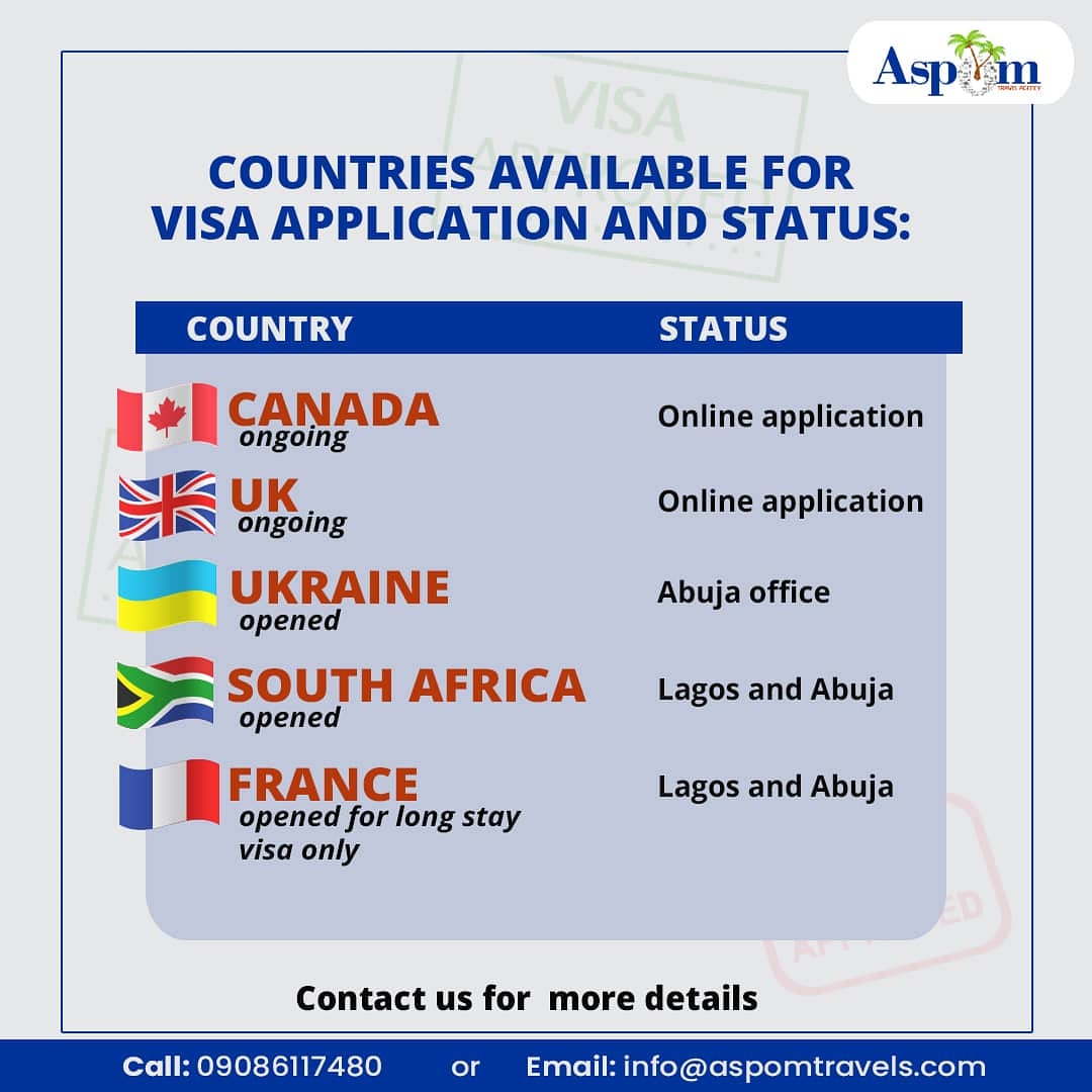 aspomtravels's tweet photo. Countries available for visa application and status:
.
Canada, UK, South Africa, Ukraine and France. Contact @aspomtravels for your visa processing.
.
.
Contact : 09086117480 or Email: info@aspomtravels.com for further enquiries.
.
.
#aspomtravels
#aspombirthservices #visa https://t.co/uOAjgGEmjE