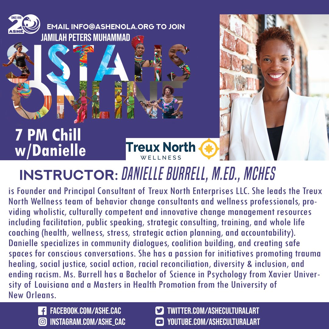 ashe_cac's tweet photo. Introducing Sistahs Making A Change's August 2020 instructors!⁣⁣
⁣⁣
On Mondays this month, Danielle Burrell, founder of @TreuxNorth, leads us in wholistic stress management.⁣⁣
⁣⁣
Email info@ashenola.org for the link to join these FREE virtual classes.⁣
⁣
#AsheNOLA https://t.co/Wv2PARJ5tg