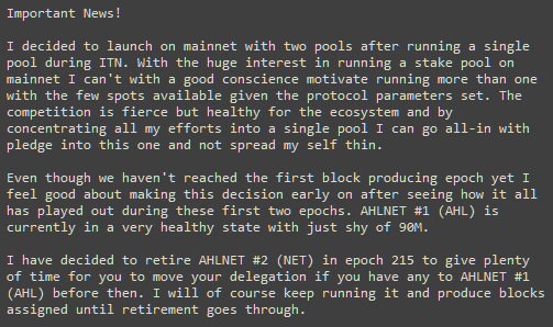 olaahlman's tweet photo. ‼️ If you are a delegator to my stake pool NET please read the message in the image and move your delegation to AHL pool instead. I'm sorry for the inconvenience this might cause you but I feel it is the right thing to do. https://t.co/QivIL8rYVC