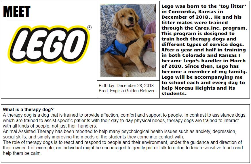 Have you met Lego, the Therapy Dog we are welcoming as a Charger this school year?  If students didn't meet him during registration, he can't wait to meet them the first days of school!