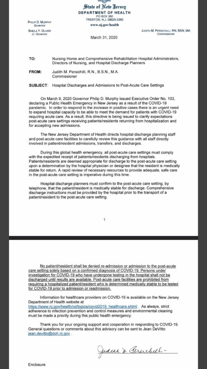 kevo_ess's tweet photo. @kurtsiegelin @NjPandemic I've read Judy's 3/31 directive letter several times and I can't find the part where she clearly and specifically provides guidance and/or benchmarks that the nursing homes are supposed to follow prior to accepting COVID positive patients. Did she send other letters ? https://t.co/Po4DNexTxg