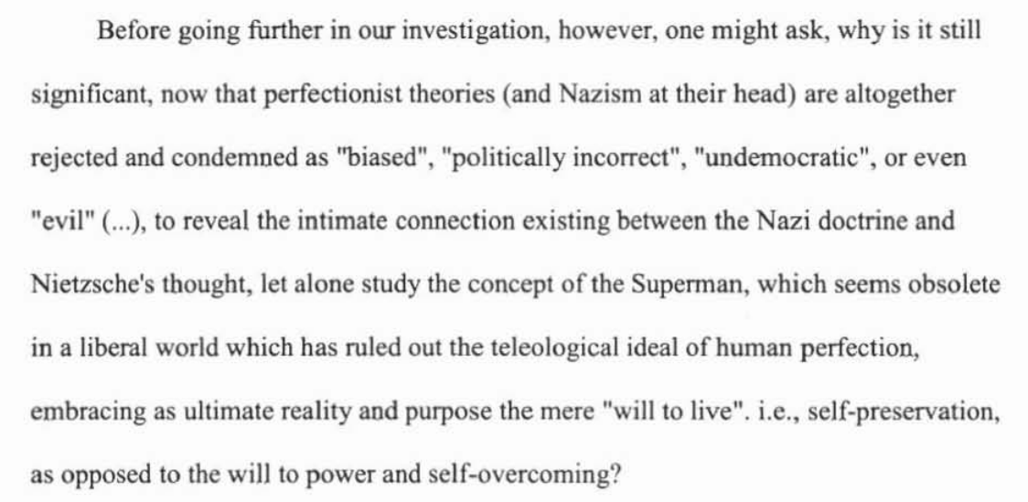 13. The thesis version (1998) written in the PSPA dept at AUB under the supervision of Nizar Hazmeh, Paul Salem, and Hassan Krayem, is a derivative exploration of the links between Nazi thought at the philosophy of Nietzsche. Here are some excerpts from the intro: