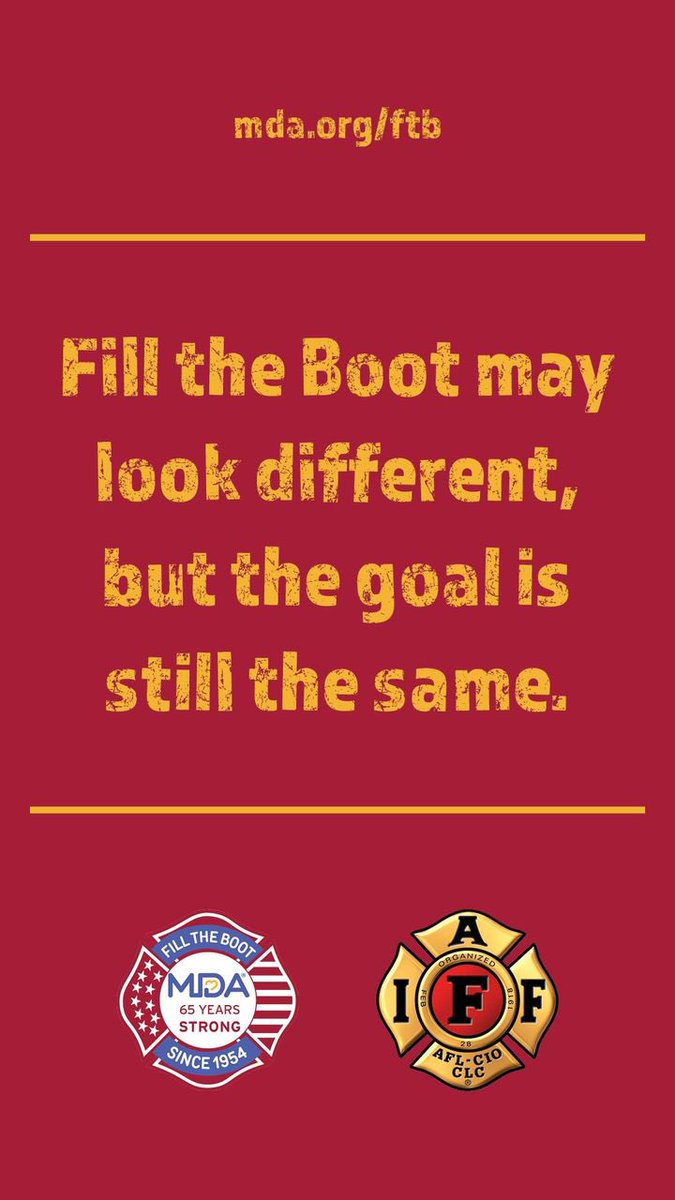 Iaff1346's tweet photo. Since 1954, the support of the IAFF has made Fill The Boot a lifesaving
tradition. Join the thousands of fire fighters who have participated in Fill The Boot
virtually this year to continue to provide critical funds to members of the MDA
Community.
https://t.co/CyyE5MocTf https://t.co/xGtBaDQ2ai