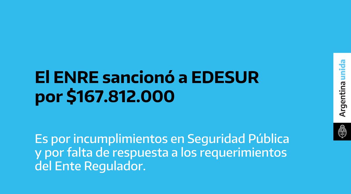 Energia_Ar's tweet photo. La sanción se llevó a cabo luego de verificar más de 3000 casos con irregularidades de seguridad eléctrica en la vía pública durante 2018 y 2019 y deberes de información y respuesta a los requerimientos emitidos por el ente.
Más información: https://t.co/qOzGdvhski https://t.co/fPqNU3vNSO