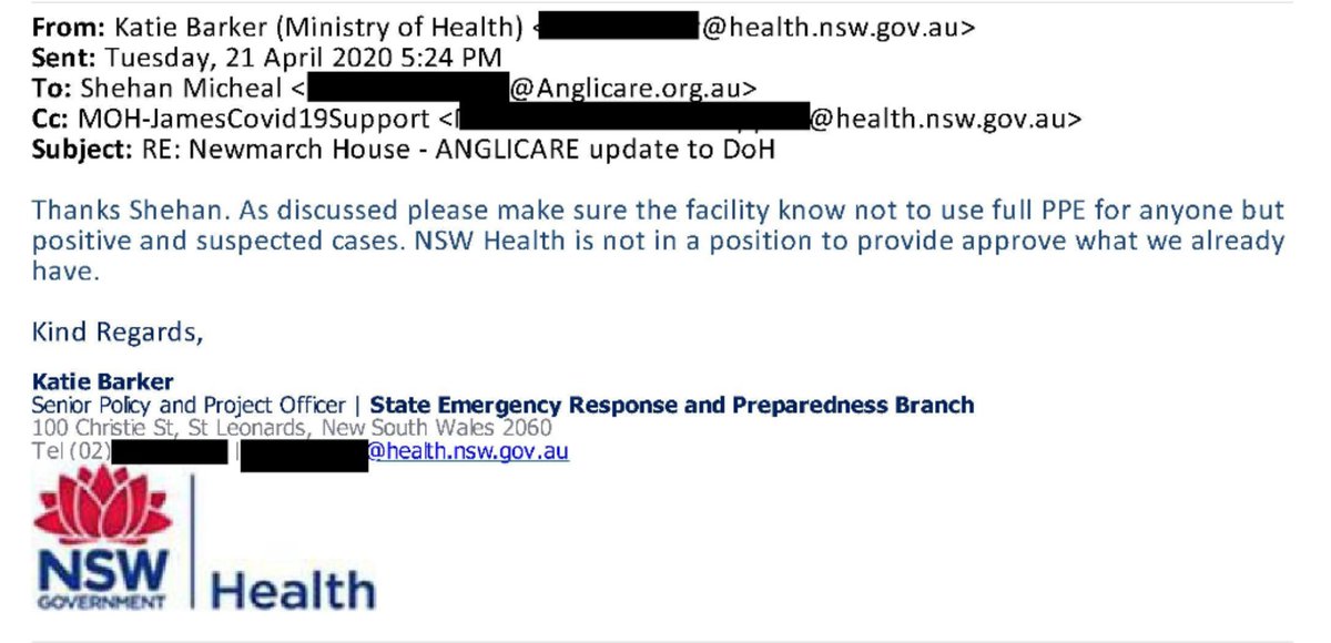 Alright, so Day 2 of the  #agedcareRC is kicking off soon. More details on Newmarch. This is damning. On April 21, Anglicare had 25 Covid-19 positive residents. They advised NSW Health they are using full PPE for all 95 residents. The state govt tells them not to. In writing.