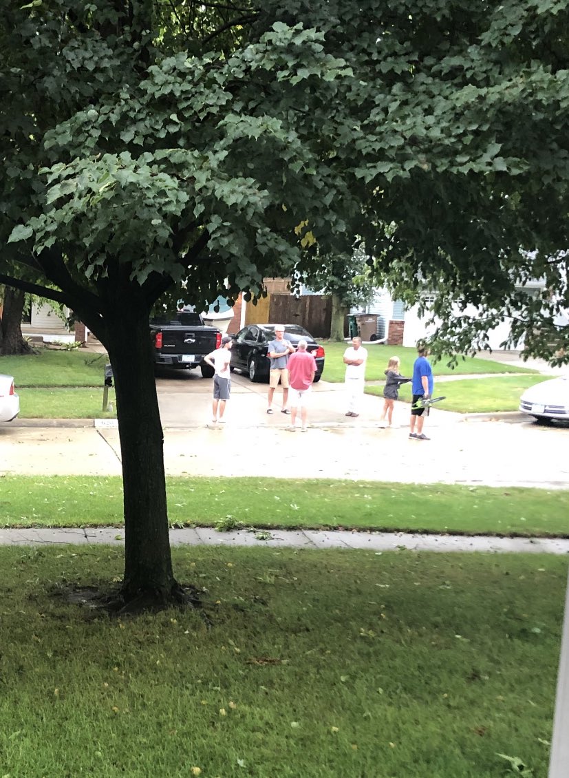 leendeal's tweet photo. Big meeting of the neighborhood dads to compare storm damage from this morning. It’s the chainsaw for me. 😂 https://t.co/eqLqJLEx4f