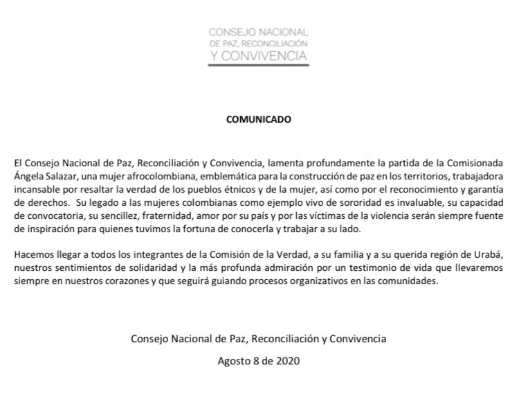 ConsejoPaz's tweet image. Consejo Nacional de Paz, Reconciliación y Convivencia, lamenta profundamente la partida de la Comisionada Ángela Salazar, integrante de la @ComisionVerdadC