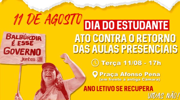 JuntosVale's tweet photo. DIA DO ESTUDANTE ATO PELA EDUCAÇÃO E PELA VIDA

🗣️ Praça Afonso Pena (em frente à antiga Câmara) às 17h nessa terça (11/8)

🗣️ Venha de máscara e respeite o distanciamento de 1,5m

🗣️ Venha de preto e traga cartazes e cruzes contra a política da morte de Felício e Dória! https://t.co/Et8ViIguH1