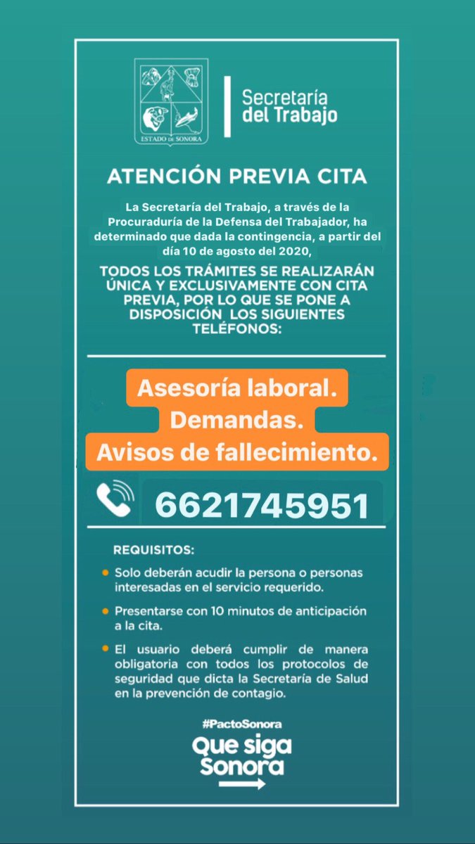 STSonora's tweet photo. 🛑 AVISO IMPORTANTE 🛑
Con la finalidad de evitar la aglomeración de usuarios durante la contingencia, se ha determinado que los trámites de la Pocuraduría de la Defensa del Trabajador, serán única y exclusivamente con cita previa. 
En Sonora, #TodosJalamos.
#QueSigaSonora. https://t.co/TQB6YiN8Q1