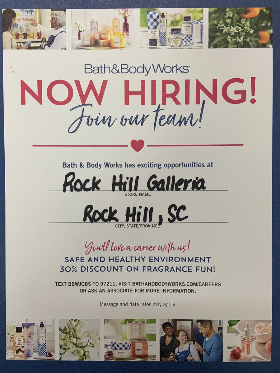 RHGalleria's tweet photo. 🌟Looking for a job? 🌟 BATH &amp; BODY WORKS is hiring!  Contact the store at 803.981.9229 for details! #lookingforajob #nowhiring #joinourteam #bathandbodyworks https://t.co/LC45zbj5Lo
