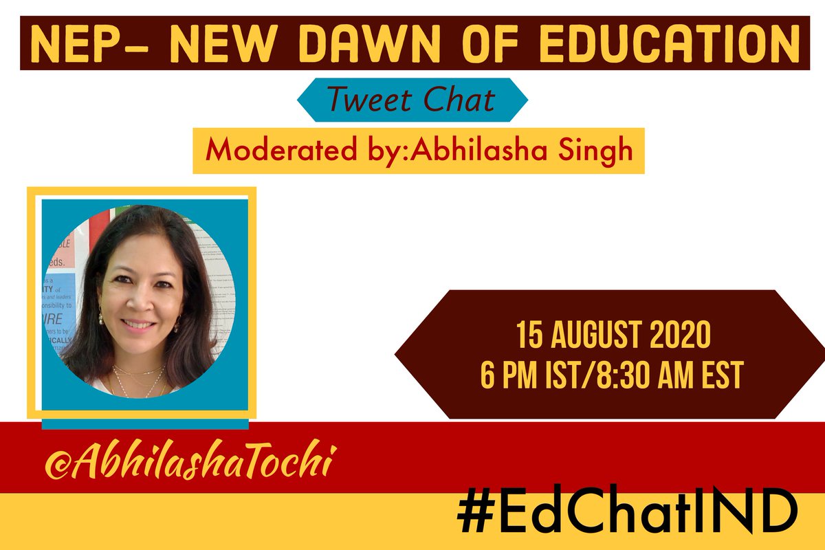 Meet our moderator 
<a href="/AbhilashaTochi/">Abhilasha Singh #T4Ambassador #TeachSDGs #UNGSPAdv</a>
A passionate school leader, MIEE expert, <a href="/TeachSDGs/">#TeachSDGs</a> ambassador &amp; promoter of sustainability and  building 21st century skills in learners 

for #EdChatIND 
on #NEP- New dawn of education

Mark your calendars
🗓️Sat , 15 August 2020
🕔 6 pm IST
