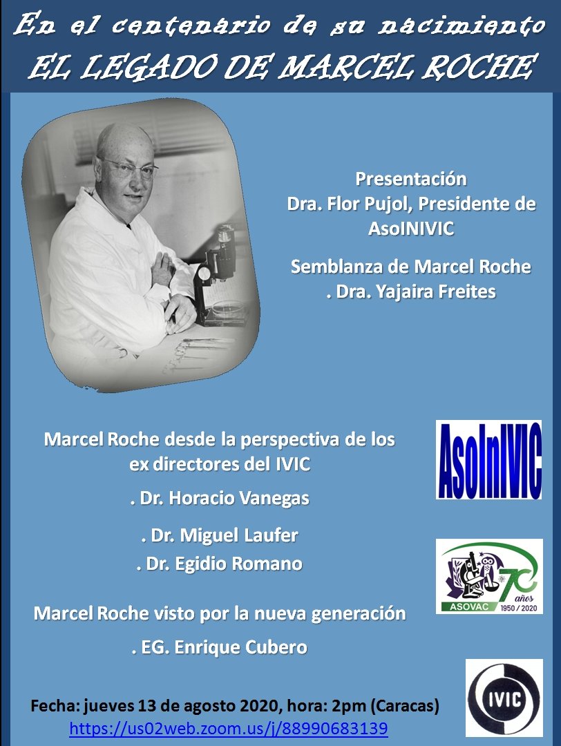 EVENTO|| Este jueves #13ago se llevará a cabo una reunión vía zoom en Homenaje al Centenario del Nacimiento de #MarcelRoche a las 2:00 pm. Hora de Caracas.  👇<a href="/asovaccaracas/">AsoVAC Caracas</a>