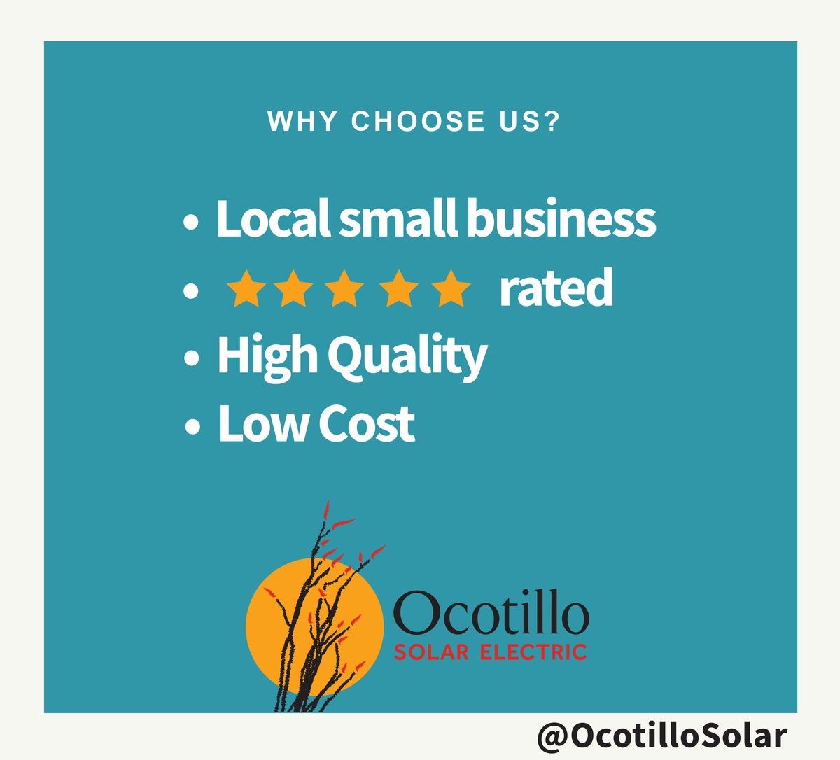 OcotilloSolar's tweet photo. Have you been thinking of going solar⚡️🔌🔋? Choose Ocotillo Solar for your installation -we're ⭐️⭐️⭐️⭐️⭐️ rated, we're locally owned 🏡 &amp; we offer the best customer service 🙂 around!
#ocotillosolarelectric #ocotillofamily #localsolar #powerofthesun https://t.co/R2WdiKHF3s
