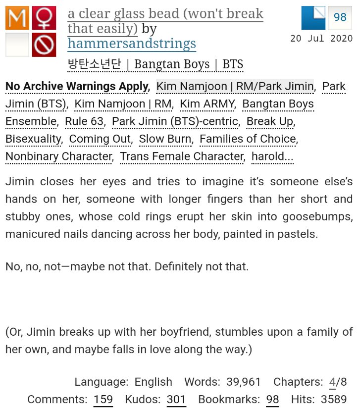 a clear glass bead (won't break that easily) by hammersandstrings

✨ Minjoon
✨ Genderbent
✨ Coming out 

archiveofourown.org/works/23723872