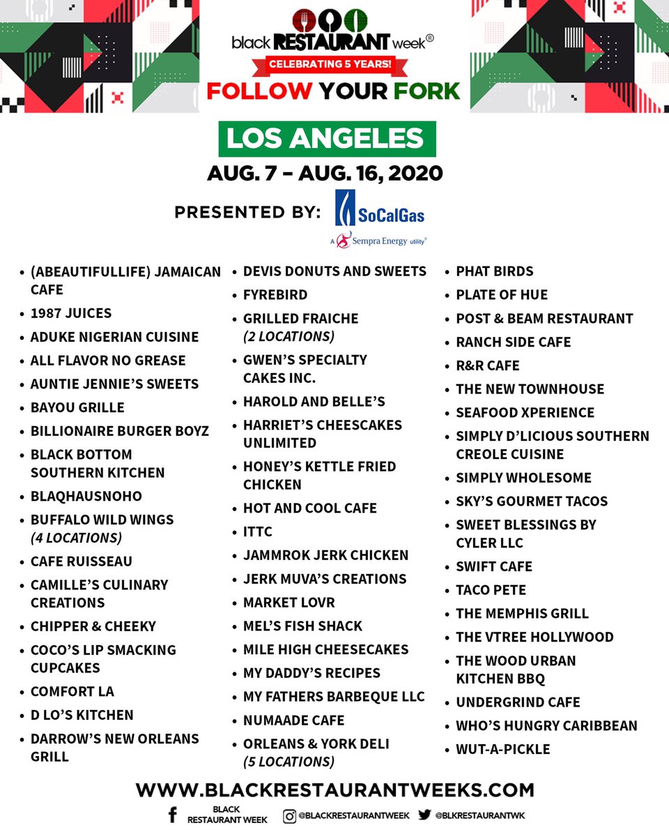 blkrestaurantwk's tweet photo. Here is the OFFICIAL #LABRW LIST 
💚❤️🖤✊🏾

Sounds good right? 🤤

Presented by Southern California Gas Company (SoCalGas)👏🏾

Check out the delicious meals offered here:
https://t.co/CaoQUYFUuF https://t.co/fkYZsrbOzN