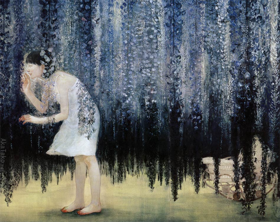 AkaTakonet's tweet photo. "Becoming Friends with All the Children in the World" by Fuyuko Matsui. Beautiful wisteria hides a stinging secret. Printed in "A Lock of Hair".
https://t.co/99tui0L222
#fuyukomatsui #alockofhair #becomingfriends #hornets #wisteria #nihonga #art #japaneseart #松井冬子 #髪の房 https://t.co/BmYeFihZnb