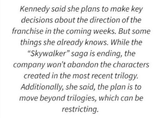 KK already said they arent done with the skywalkers. But the drama - which centered really about the legacy characters of Luke Han & Leia - are overBut Rey/Ben are new characters. Yes Ben is linked to the Skywalkers but hes a SoloKk said they werent done with ST characters