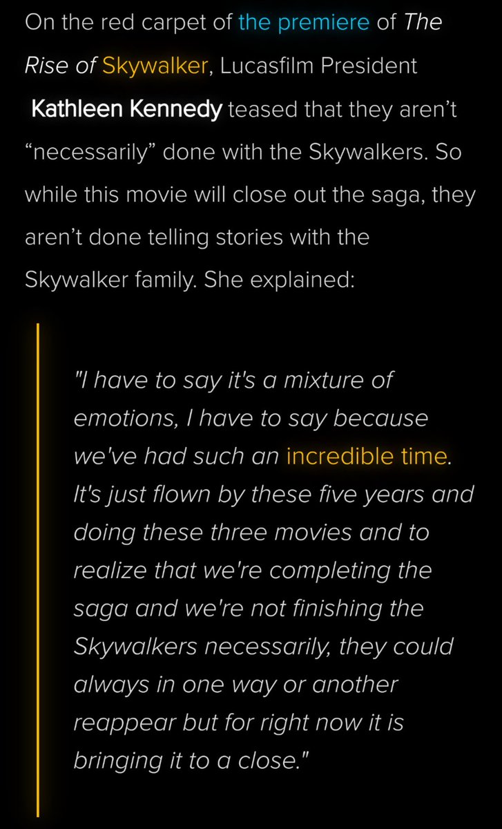 KK already said they arent done with the skywalkers. But the drama - which centered really about the legacy characters of Luke Han & Leia - are overBut Rey/Ben are new characters. Yes Ben is linked to the Skywalkers but hes a SoloKk said they werent done with ST characters