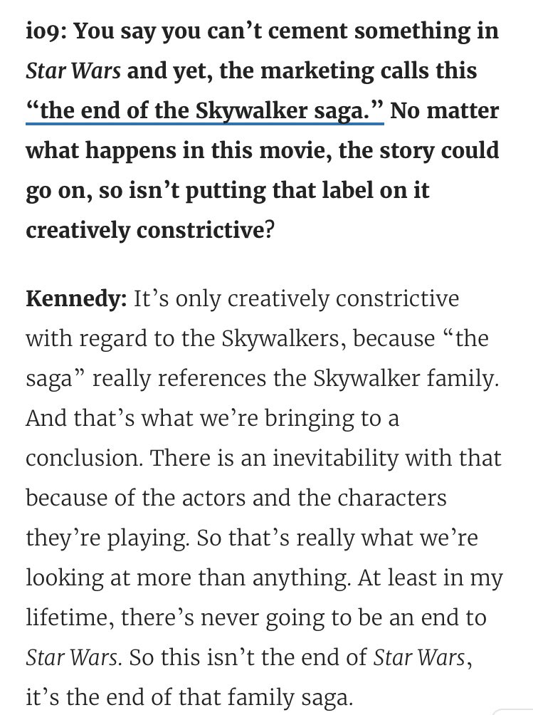 KK already said they arent done with the skywalkers. But the drama - which centered really about the legacy characters of Luke Han & Leia - are overBut Rey/Ben are new characters. Yes Ben is linked to the Skywalkers but hes a SoloKk said they werent done with ST characters