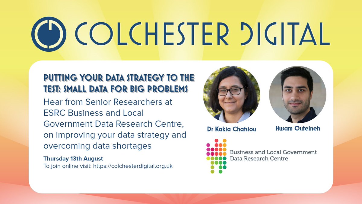 We are delighted to welcome <a href="/7uSamx/">Husam</a> and <a href="/kakiac/">Kakia</a> from <a href="/BLGDataResearch/">BLGdataresearch</a> this Thursday at 18:30 presenting: "Putting your data strategy to the test: small data for big problems" #datastrategy #colchester #digital 
To attend for FREE R.S.V.P. here:
meetup.com/colchester-dig…