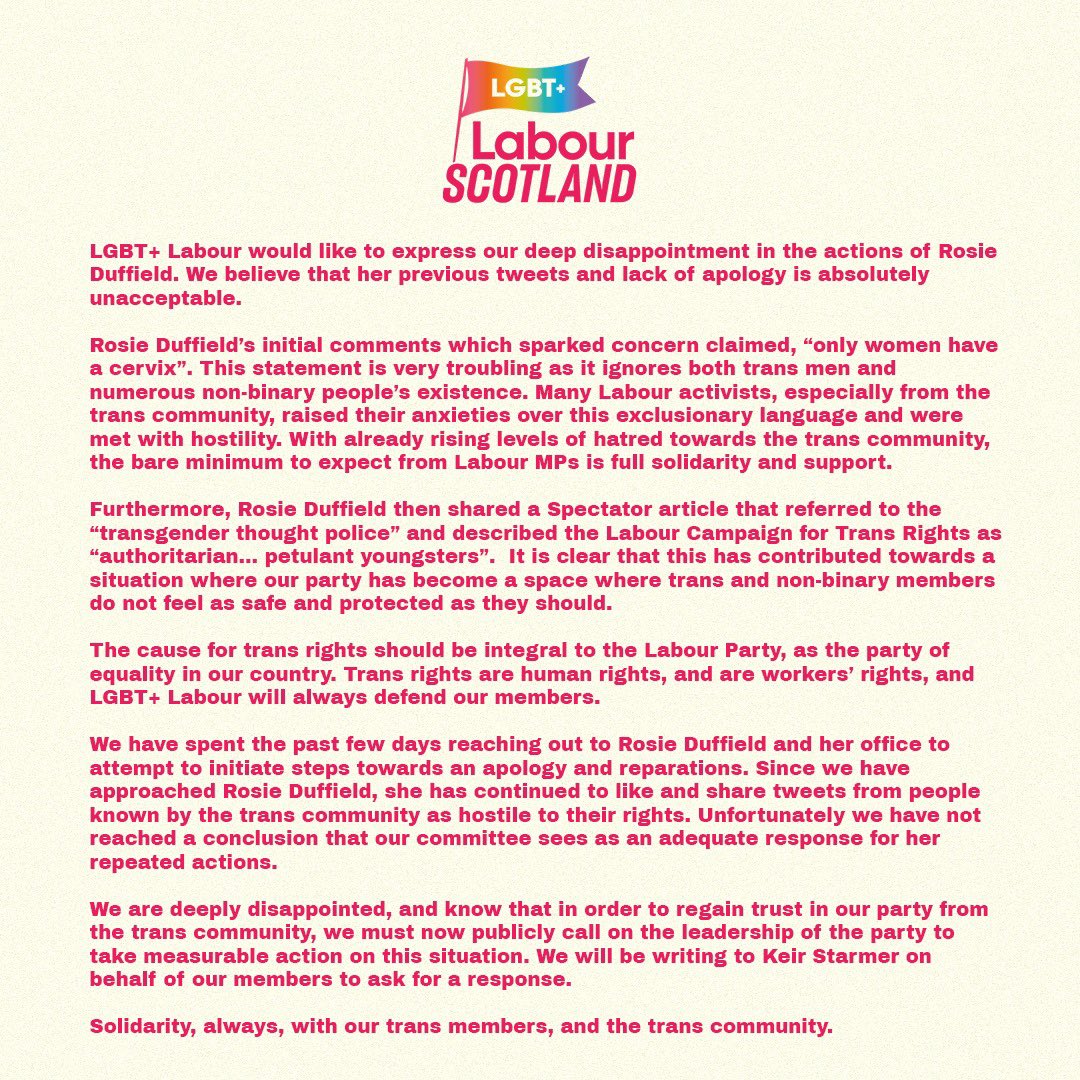 LGBTLabScot's tweet photo. Statement on Rosie Duffield as agreed by the National Committee of LGBT+ Labour. 

Solidarity, always, with our trans members, and the trans community. https://t.co/46zBy6SFkq