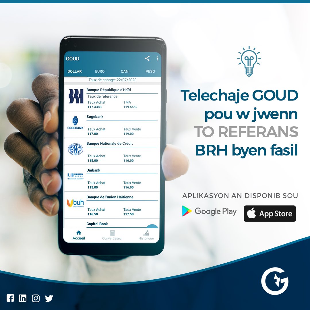 Goud_app's tweet photo. To a ap monte  !  Ou vle konnen to referans BRH pou jounen an  ?  

Telechaje @Goud_app !

#exchangerate #haitianapp #fintech #currency #forex https://t.co/QcO4dRVmFJ