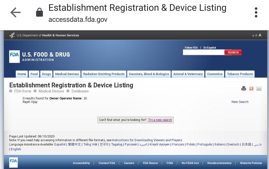 16/21If Organisation de Scalene has ever applied for any FDA approval, my layman understanding is that it should first be registered with it as an applicant in which case, it should show up in ERDL queries. Let's see: