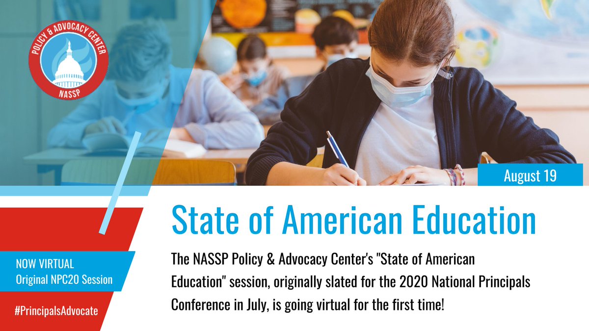 WeAreNPA's tweet photo. On August 19, we will look at how the pandemic has impacted schools & related issues such as social & emotional learning; trauma-informed care; continued remote learning; grading, assessments, & accountability; & more. https://t.co/vGCVvIc7q6
#VirtualNPC20 #PrincipalsAdvocate https://t.co/TT9qed6kkh