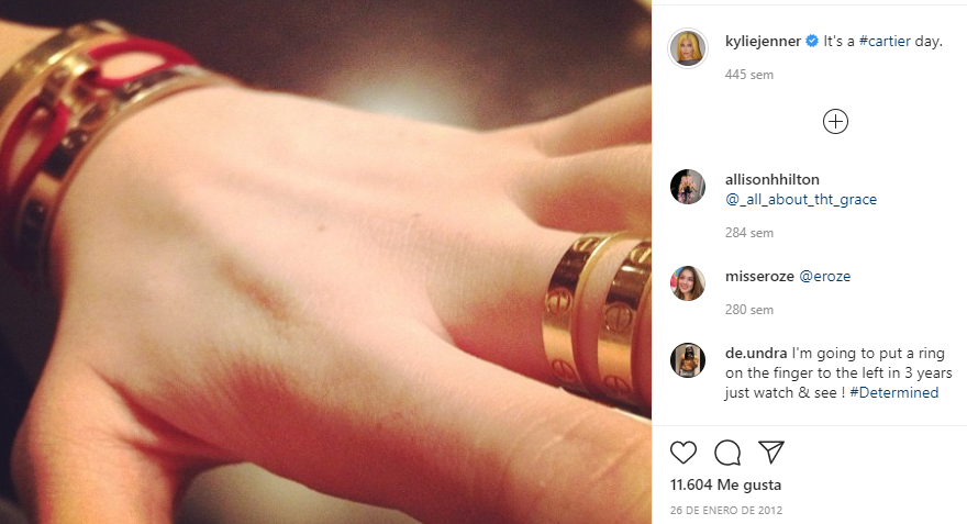 Now, there is one VERY specific shiny object that would go on to become the ultimate Kylie Jenner trademark. It was endlessly parodied by the first wave of IG boutiques and crystalized our obsession with her.The EYECONIC Cartier love bracelet entered the chat on January 26 2012